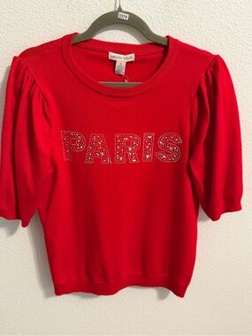 Carolyn Taylor Red Rhinestone 'PARIS' Puff-Sleeve Sweater Top
